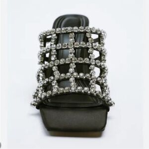 NEW! Zara Boho Black Heeled Mules With Rhinestones. EU37.